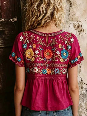 Plus Size Embroidered Floral Short Sleeve Top in Deep Rose, model styling view
