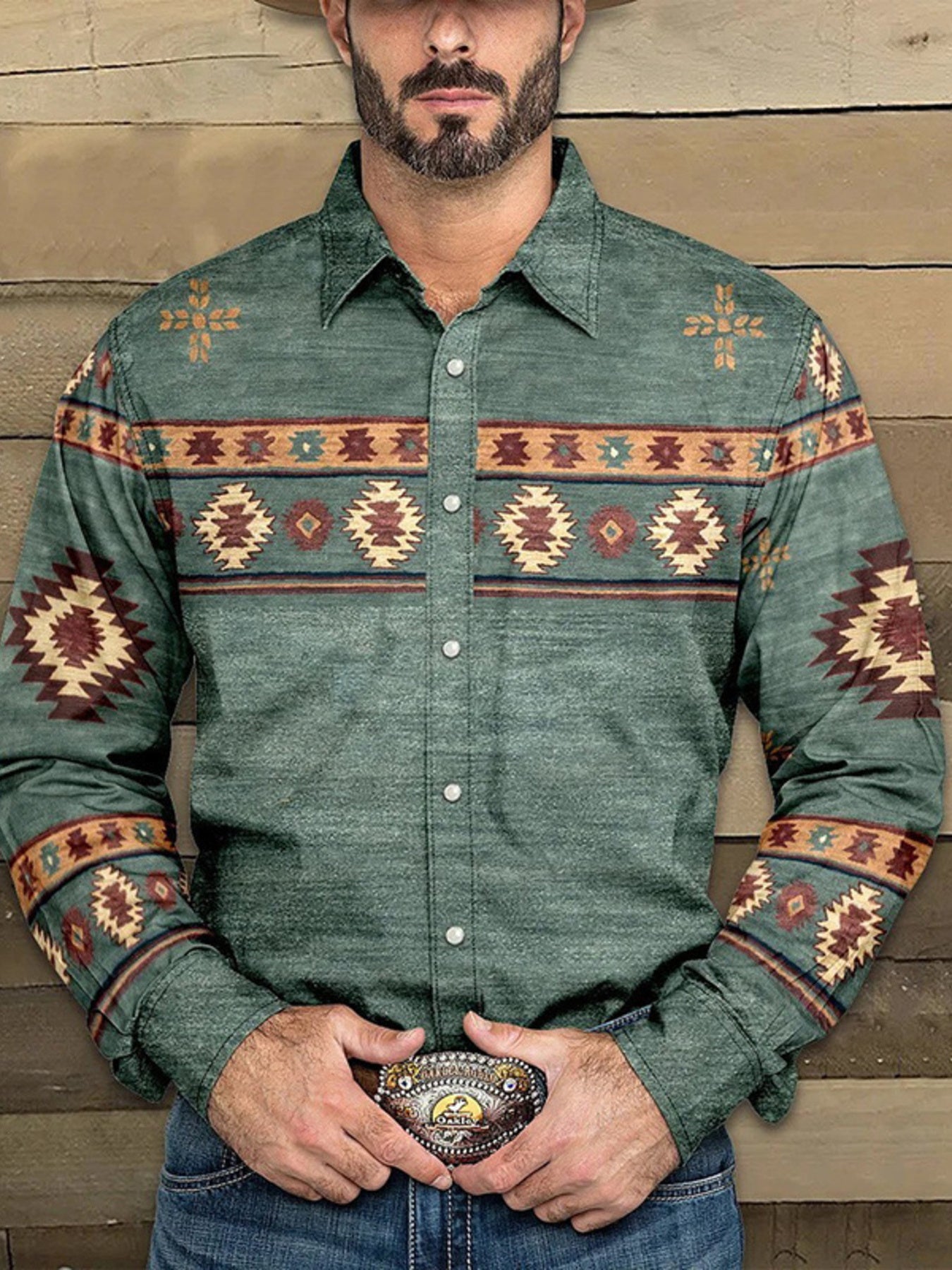 Men's Full Size Geometric Print Long Sleeve Shirt, side view