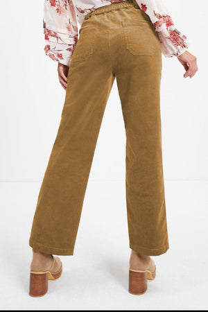 Caramel corduroy seamed front wide leg trousers with back pockets.
