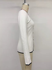 Contrast Trim Button Decor Knit Top in White, view 12