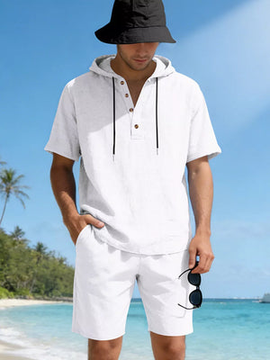 Men's white linen blend hooded top and shorts set with button placket and drawstring.