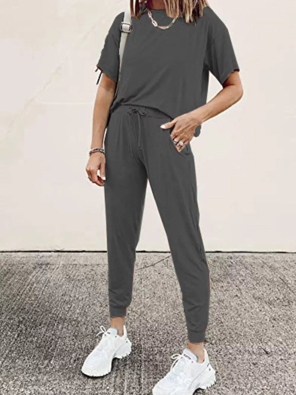 Dark Gray casual round neck top and jogger pants set with drawstring waist.
