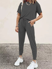 Dark Gray casual round neck top and jogger pants set with drawstring waist.