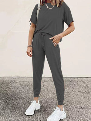 Dark Gray casual round neck top and jogger pants set with drawstring waist.