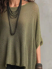 Loose Knit Round Neck Plus Size Top in White, fabric detail