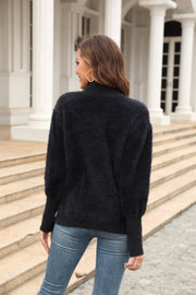 Black fluffy mock neck sweater with puff sleeves