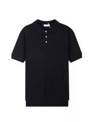 Black ribbed short sleeve polo shirt with classic collar and three white buttons.