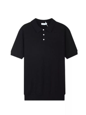 Black ribbed short sleeve polo shirt with classic collar and three white buttons.