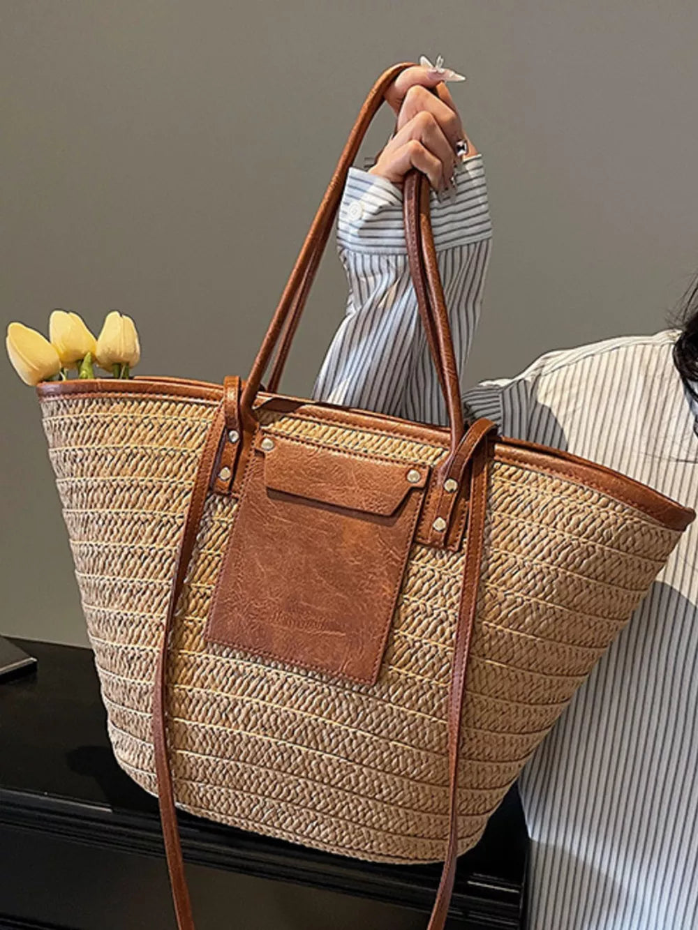 Straw Woven Shoulder Bag With Leather Accents in Khaki, back view