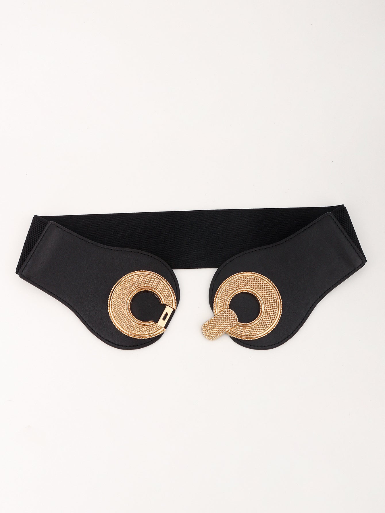Black elastic belt with sculpted gold metalwork circles and clasp closure