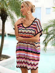 Chevron knit beach cover-up with multicolor zigzag pattern and black trim