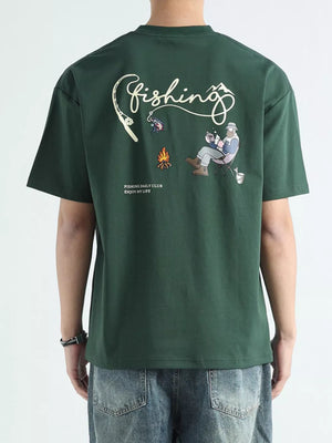 Men's dark green cotton graphic tee with fishing scene and text.