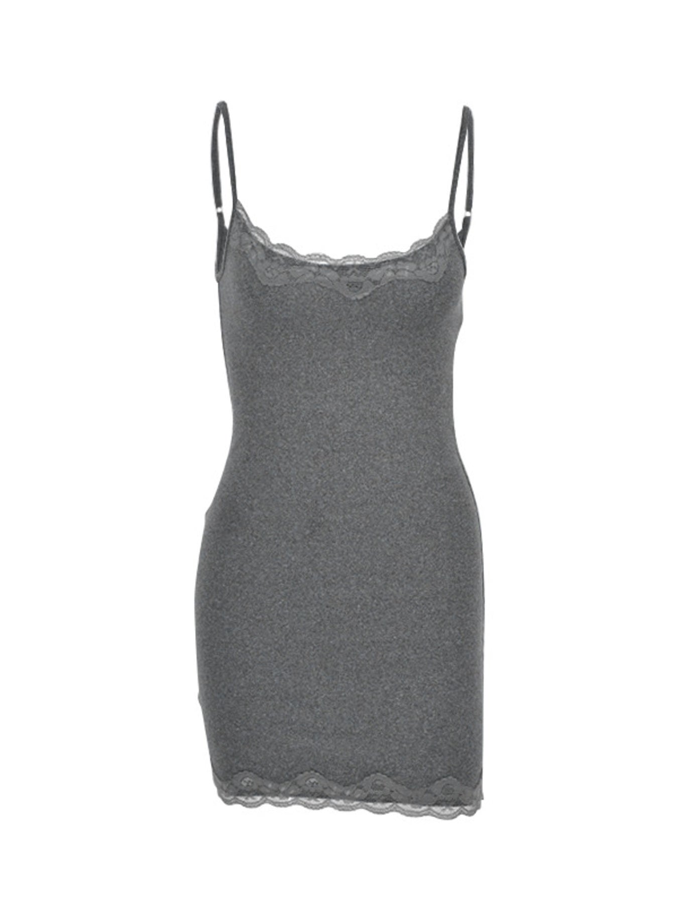 Grey lace trim bodycon mini dress with spaghetti straps and a scalloped hem.