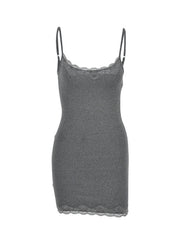 Grey lace trim bodycon mini dress with spaghetti straps and a scalloped hem.