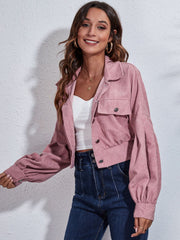 Dusty pink corduroy cropped jacket with balloon sleeves and button details