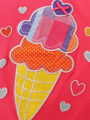 Toddler cotton set with ice cream applique and heart details on pink.