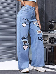 Distressed Graphic Wide-leg Jeans