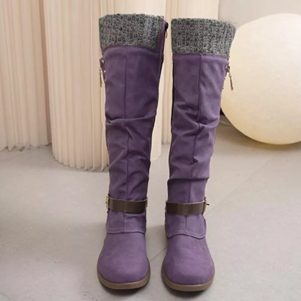 Purple suede knee-high slouch boots with knit cuff and buckle detail