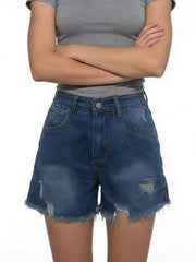Dark blue denim shorts with distressed rips and frayed hem