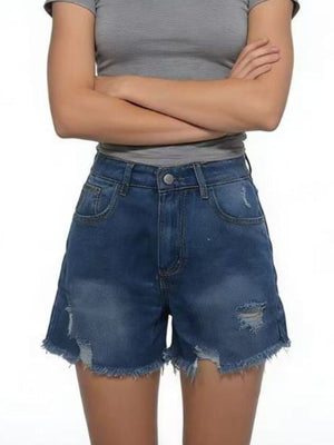 Dark blue denim shorts with distressed rips and frayed hem