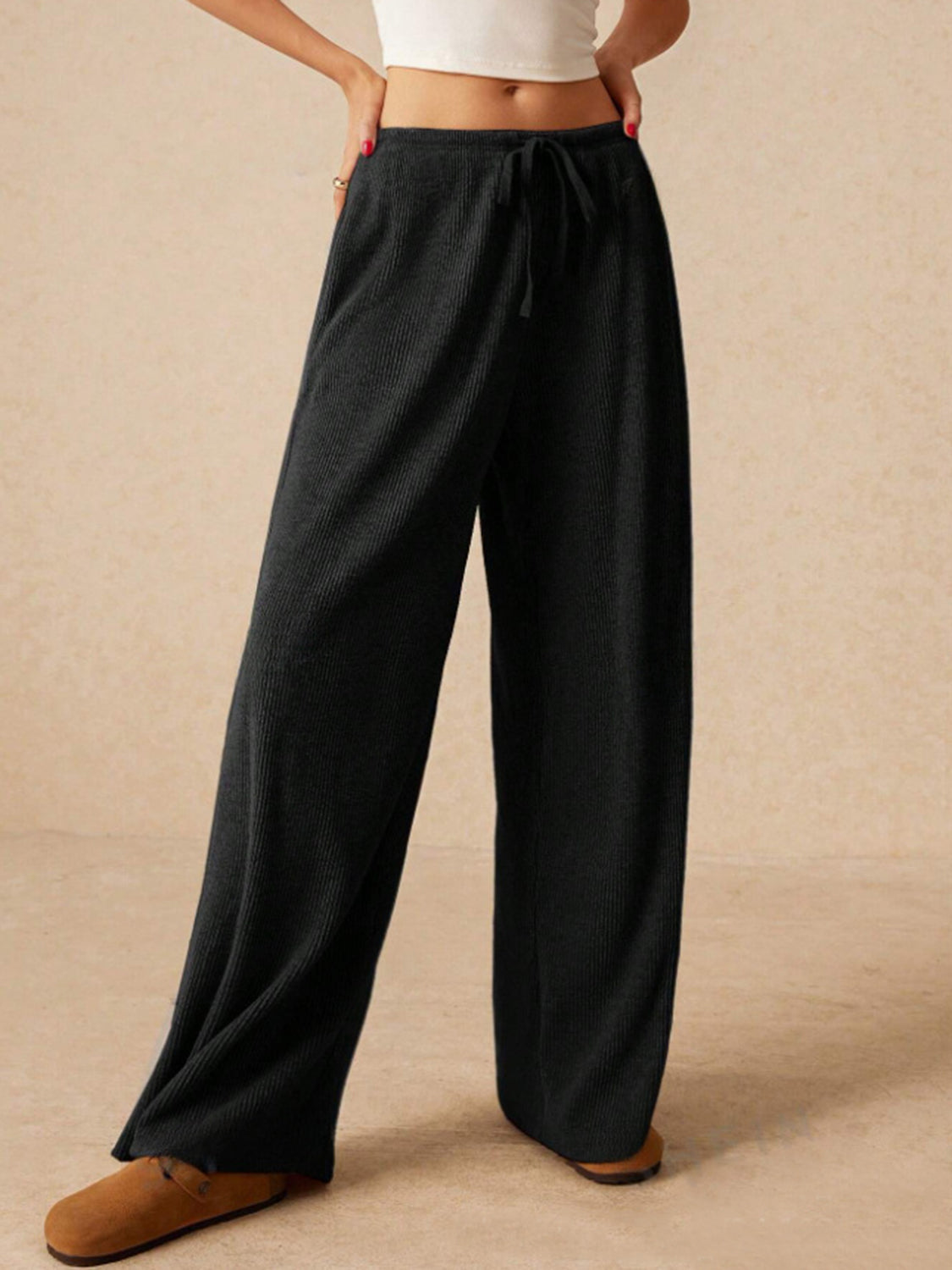 Black ribbed cotton palazzo lounge pants with drawstring waist