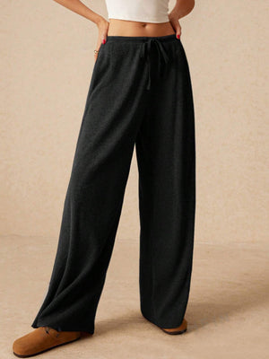 Black ribbed cotton palazzo lounge pants with drawstring waist