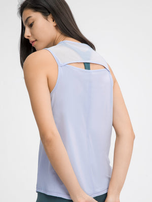 Light blue mesh-back performance tank top with cutout detail