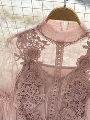 Light pink lace blouse with floral embroidery and ruffled mock neck.