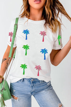 White crewneck tee with glitter palm tree print in pink, blue, and green.