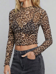 Sheer leopard print cropped long sleeve top with ruffle trim.