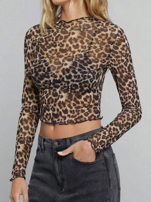 Sheer leopard print cropped long sleeve top with ruffle trim.