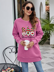 Pink Purple tunic sweatshirt with Christmas gnomes graphic and Merry Christmas text.
