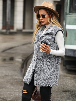 Teddy Sherpa Utility Vest in grey with button front and collar.