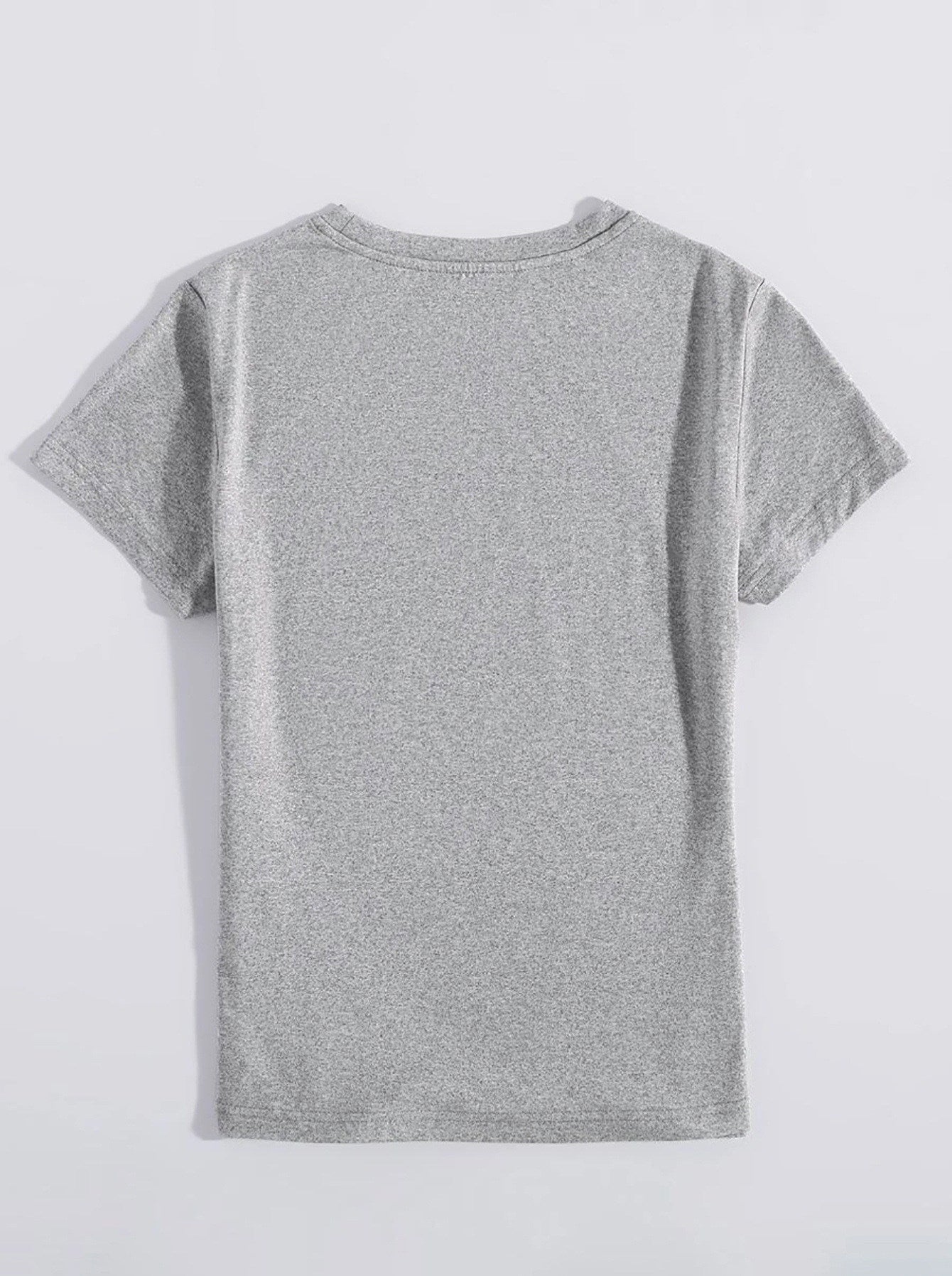Gray heather t-shirt with crew neck and short sleeves.