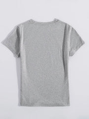 Gray heather t-shirt with crew neck and short sleeves.