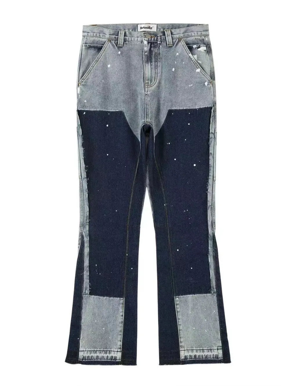 Split panel bootcut jeans in dark blue and light blue denim with paint splatter detail.