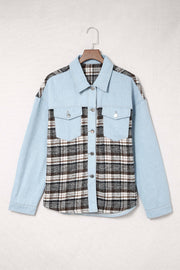 Light blue denim trucker jacket with plaid paneling and chest pockets