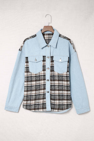 Light blue denim trucker jacket with plaid paneling and chest pockets