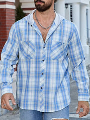Light blue plaid long sleeve button-up hoodie with chest pockets.