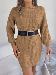 Camel cable knit mini dress with belt detail and jewel buckle.