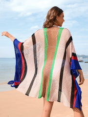 Striped mesh kimono cover-up with colorful vertical stripes and open knit detail.