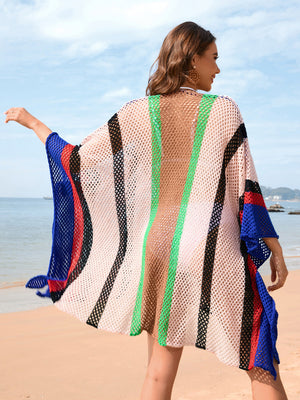 Striped mesh kimono cover-up with colorful vertical stripes and open knit detail.