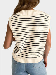 Ribbed knit polo vest in cream with black horizontal stripes and a spread collar.