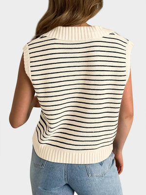 Ribbed knit polo vest in cream with black horizontal stripes and a spread collar.
