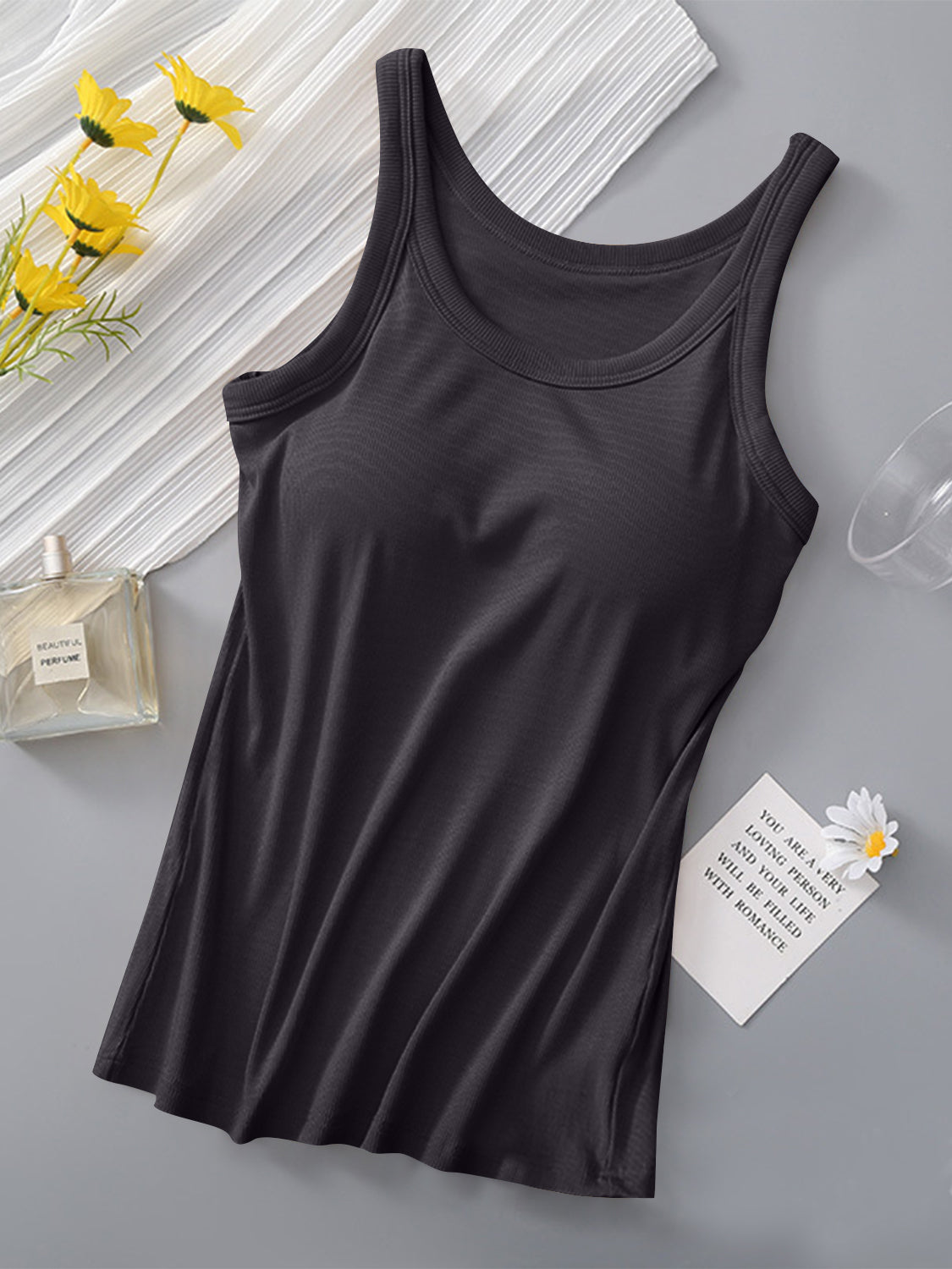 Dark gray ribbed knit tank top with built-in bra and scoop neckline.