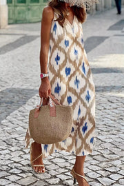 Charming Ikat Print V-neck Midi Dress