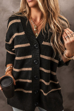Chunky stripe button-down cardigan in black and beige acrylic with a V-neck and button closure.