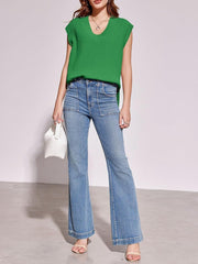 Green ribbed V-neck sweater vest, acrylic blend, sleeveless, basic style