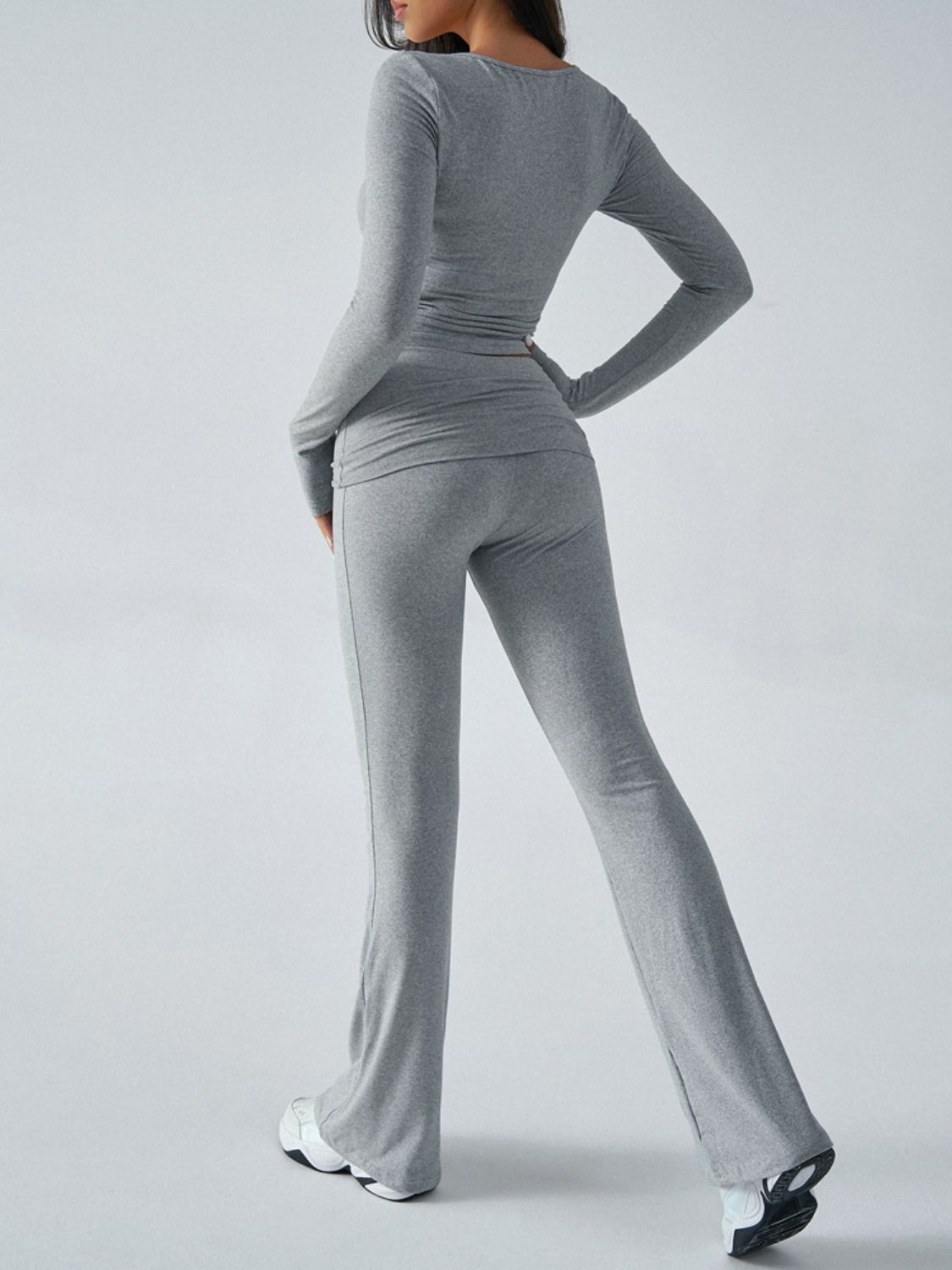 Light Gray long sleeve top and flare lounge pants with side slits