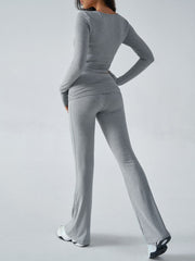 Light Gray long sleeve top and flare lounge pants with side slits